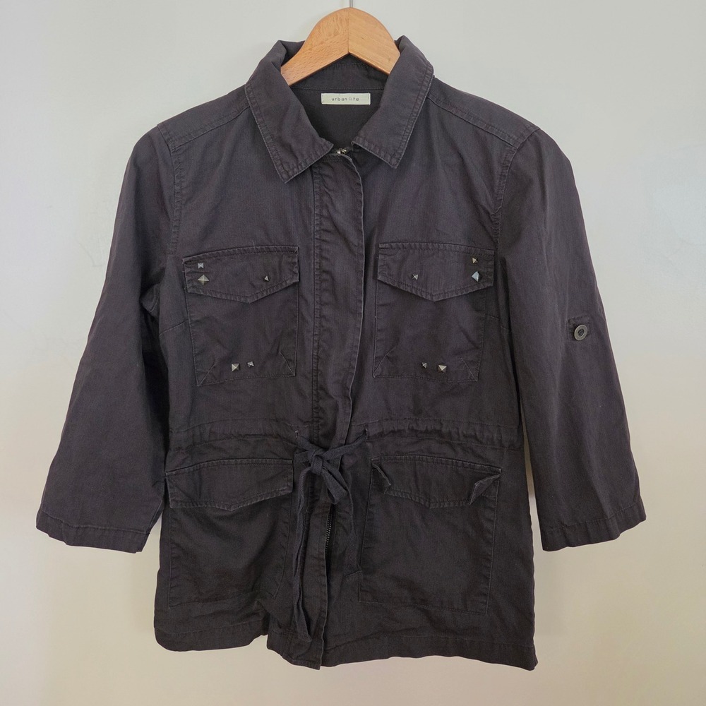 Urban Life Womens M Washed Black Cotton Studded Utility Jacket Tie Waist Grunge